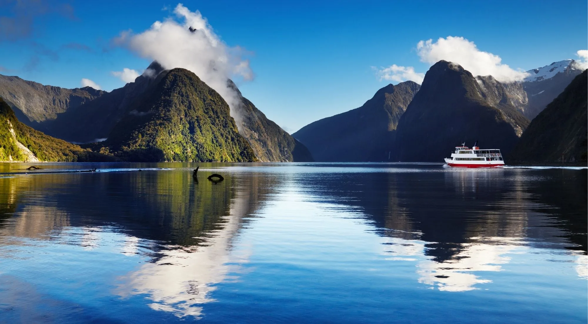 Mitre Peak reflected in Milford Sound with a cruise boat crossing the still water