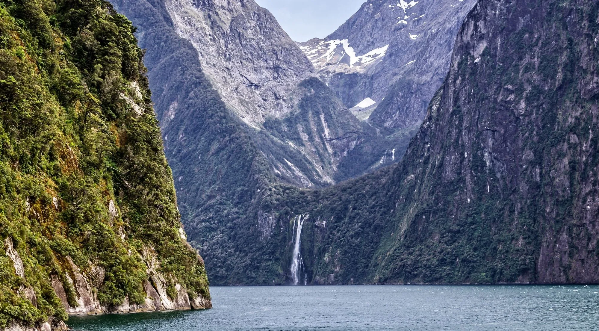 Stirling Falls dropping between the forested walls of the fiord